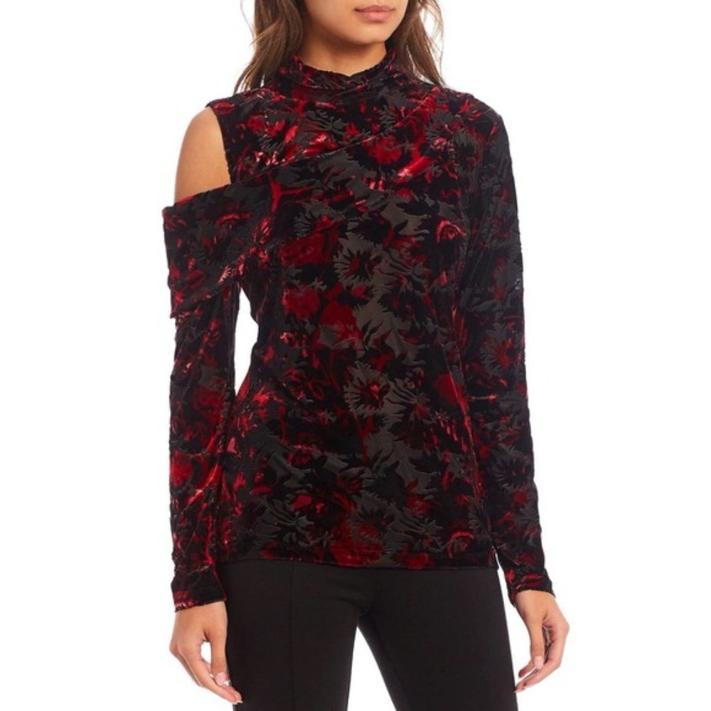 Donna Karan Black & Red Burnout VeLVeT Cold Shoulder Long Sleeve Top Ruffle M